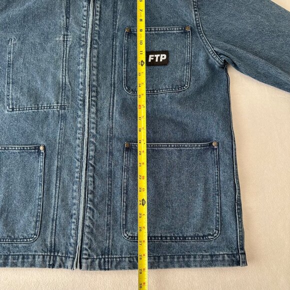 FTP Mens Frayed Denim Logo Chore Jean Jacket Size Large Blue Streetwear - Picture 13 of 13